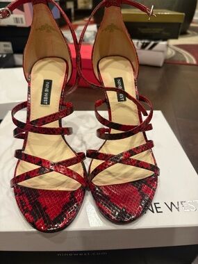 Nine West Red Snakeskin Strappy Heeled Sandals